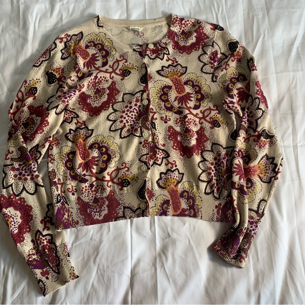 Fossil Beige and Purple Cropped Patterned Sweater
